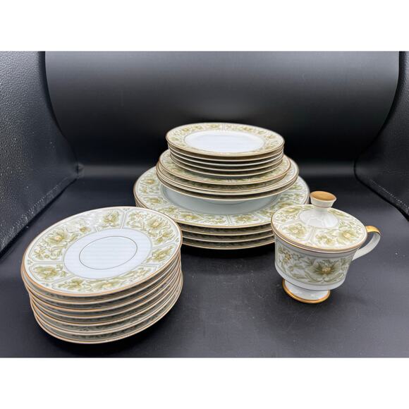 21pc Assorted Set of Sango Savannah 3723 Green Gold Floral China - Picture 2 of 10